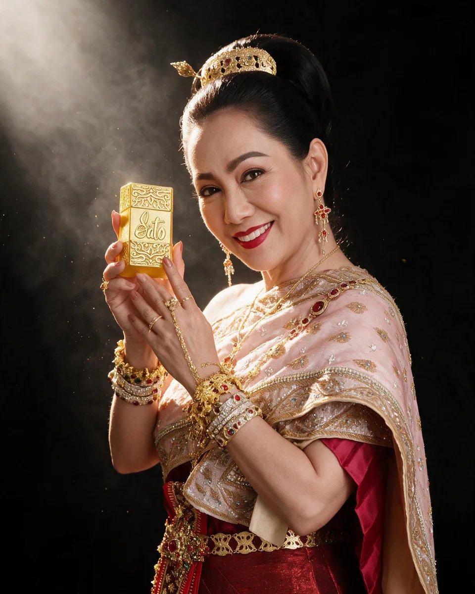 身着泰式服饰、手持 Sato 皂的女士